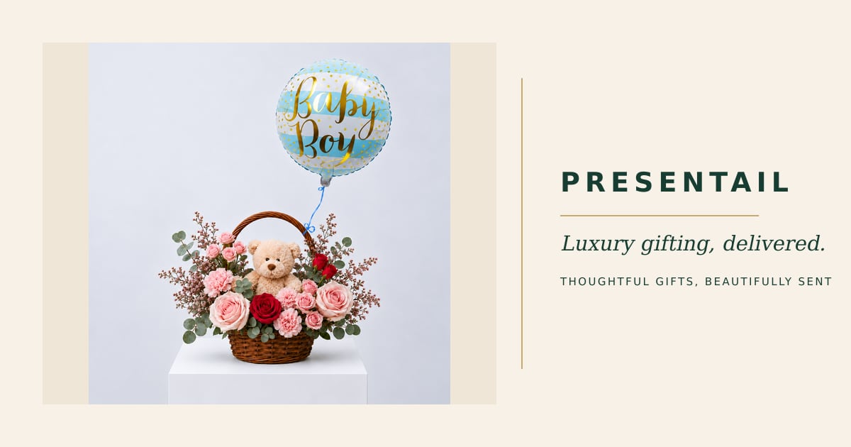 Baby Boy Tender Hug: Flowers, Bear &amp; Balloon