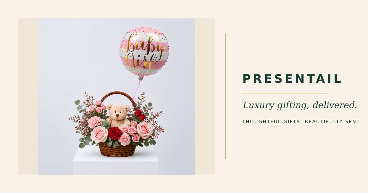 Baby Girl Tender Hug: Flowers, Bear &amp; Balloon