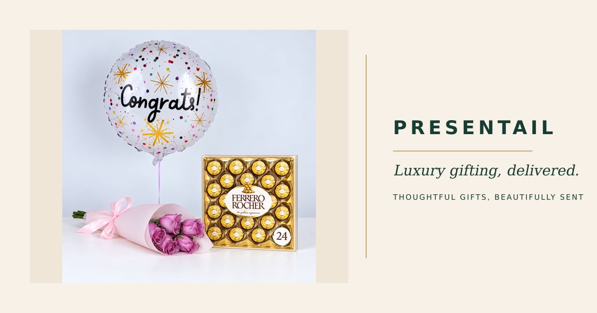 Congratulations: 5 Purple Roses, Balloon &amp; Ferrero